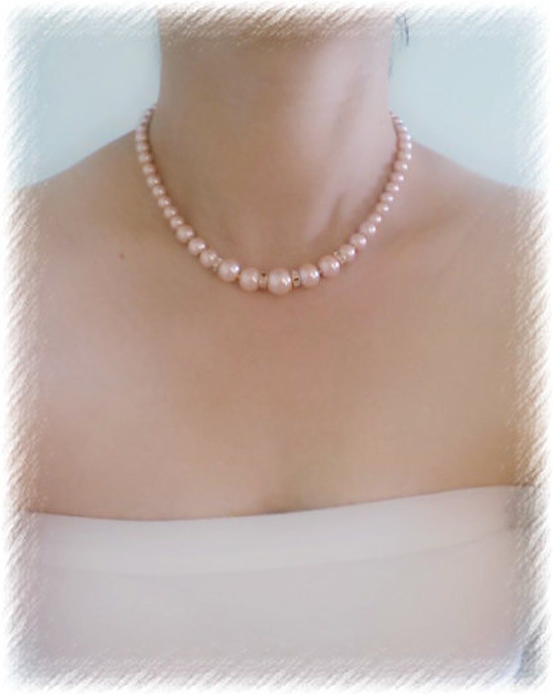 Very Simple Fancy and Classic One Strand Embossing Look Blush Pink Glass Pearl Necklace with Shiny Cubic Spacer
