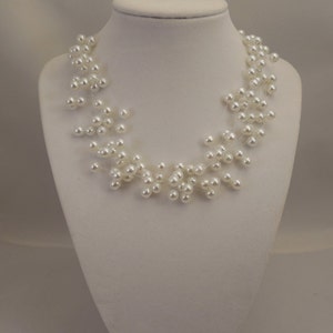 Very Elegant Wedding Bridal Multi Strand, Illusion Floating Necklace with 6mm White Glass Pearls