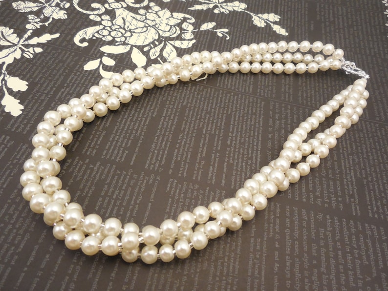 Three Strand 6mm Cream Glass Pearl Twist Decoration Necklace Very Lovely and Elegant