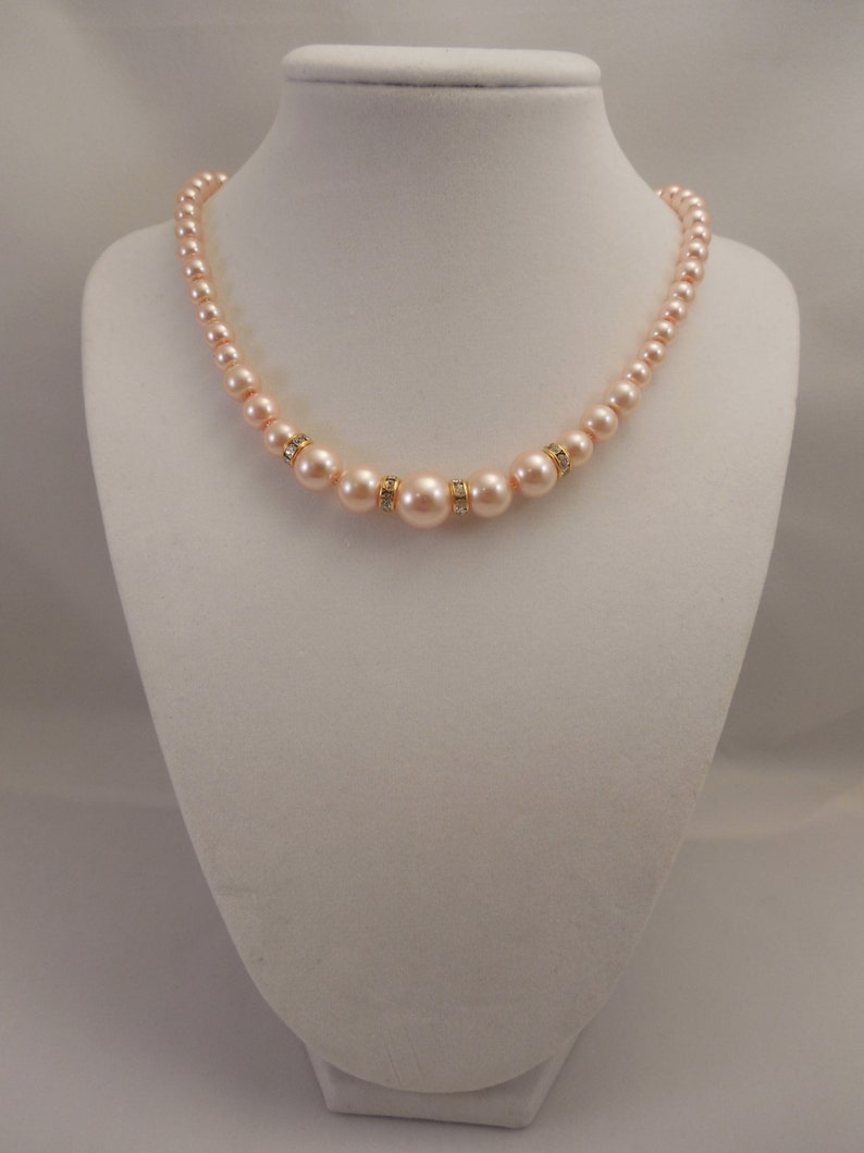 Very Simple Fancy and Classic One Strand Embossing Look Blush Pink Glass Pearl Necklace with Shiny Cubic Spacer