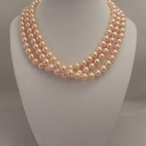 Very Elegant, Wedding Bridal Three Strand, Half Twisted Necklace with 8mm Blush Peach Pink Glass Pearls