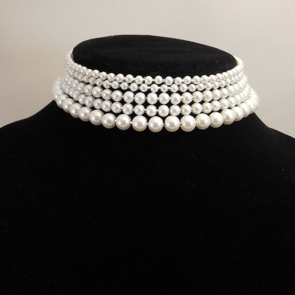 Very Cute, Elegant and Sexy Style, Multi Strand, Five Strand, 4mm, 6mm and 8mm White Glass Pearls Choker