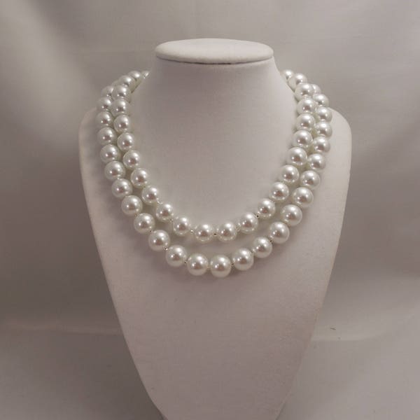 Very Simple and Elegant Two Strand, Wedding Bridal Classic Style, Chunky 12mm White Glass Pearl Necklace