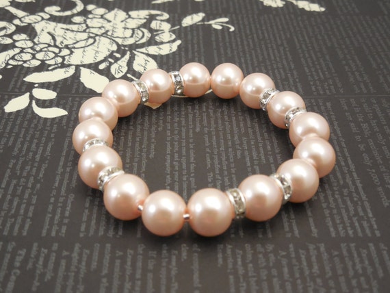 Very Simple and Classic Style, 10mm Blush Peach Pink Glass Pearl & Silver Plated Cubic Elastique Wire Bracelet