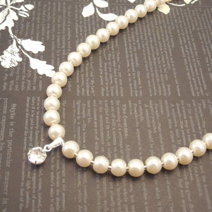 Very Simple and Fancy Wedding Bridal, 6mm Cream Glass Pearl Necklace with Sparkly Swarovski Zirconia Crystal Pendant