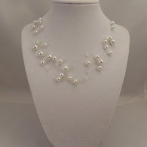 Very Elegant Wedding Bridal Multi Strand, Illusion Floating Necklace with White Glass Pearls and Swarovski Crystal