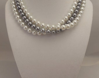 Very Elegant, Wedding Bridal Three Strand, Half Twisted Necklace with 8mm White and Pewter Glass Pearls