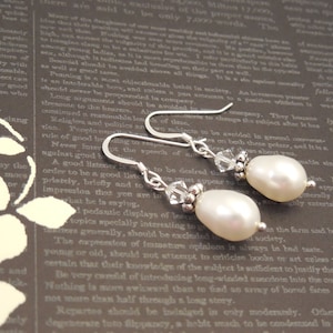 Very Simple and Elegant, Wedding Bridal Sterling Silver Earrings with White Pear Swarovski Pearl and Swarovski Crystal