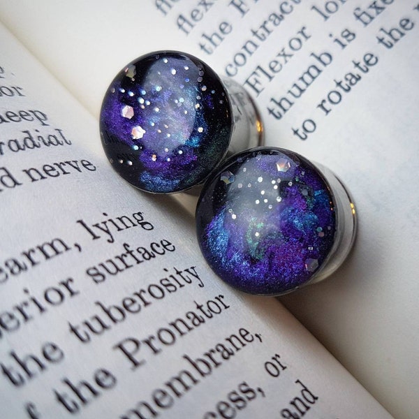 Hand painted galaxy plugs PAIR, sizes 8mm and above