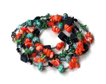 Multi Wrap Hippie Necklace Green Black Orange 62 inches Mosaic Jasper Lava Coral Super Long OOAK Handmade Unique