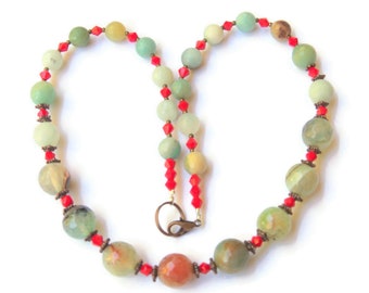 Graduated Bead Agate and Amazonite Necklace 19 inches Pastel Blue Grey Beige Red OOAK Handmade Unique
