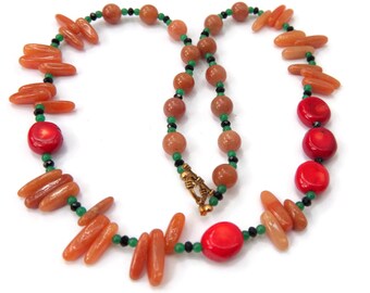 Colorful Asymmetric Aventurine Coral Fringe Necklace 27 inches Long Hippie OOAK Handmade Unique