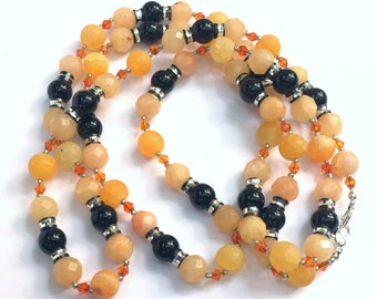 Orange and Black Flapper Necklace Extra Long Double Wrap Onyx Agate 44 inches Matching Earrings OOAK Handmade Unique