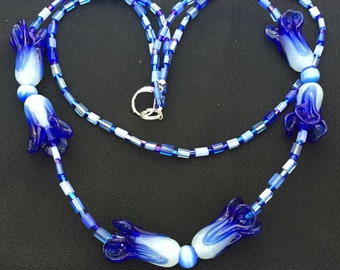 Royal Blue Art Glass Necklace Double Strand 17 inches Lampwork Flowers Art Nouveau OOAK Handmade Unique