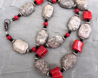 Long Chunky Fossil Coral Necklace Red Beige Asymmetric Rustic 22 inches OOAK Handmade Unique