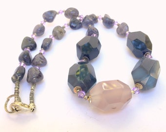 Graduated Bead Agate and Amazonite Necklace 19 inches Pastel Blue Grey Beige Red OOAK Handmade Unique