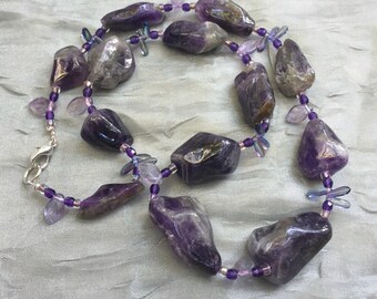 Long Chunky Raw Purple Amethyst Rustic Necklace 25 inches OOAK Handmade Unique