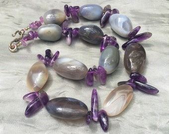 Large Gray Agate and Amethyst Statement Necklace 20 inches Long Chunky Rustic OOAK Handmade Unique