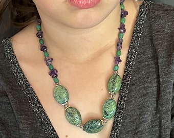 Green Chrysocolla Purple Amethyst Necklace 20 Long Rustic Chunky February Birthstone OOAK Handmade Unique