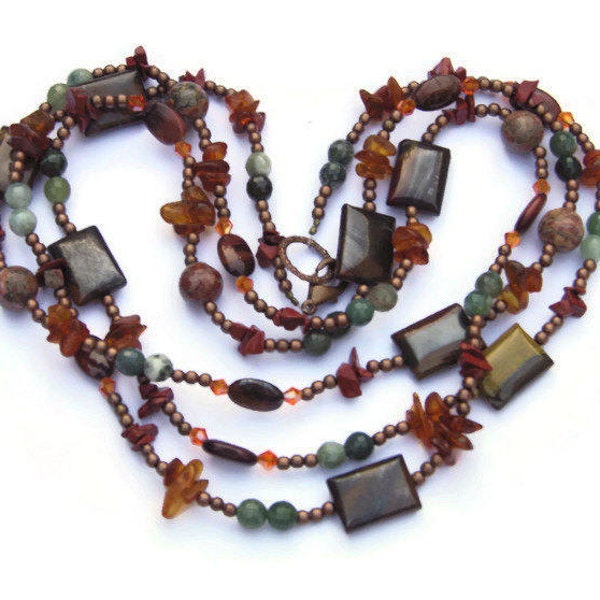 Semiprecious Stones Earthy Colors Wrap Necklace, Triple Strand, Bohemian Jewelry, OOAK Handmade Unique, ALFAdesigns