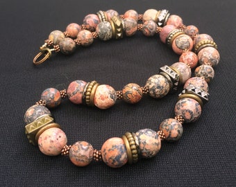 Graduated Bead Agate and Amazonite Necklace 19 inches Pastel Blue Grey Beige Red OOAK Handmade Unique