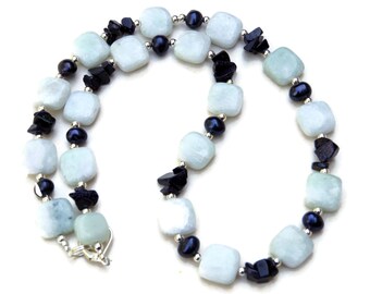 Graduated Bead Agate and Amazonite Necklace 19 inches Pastel Blue Grey Beige Red OOAK Handmade Unique