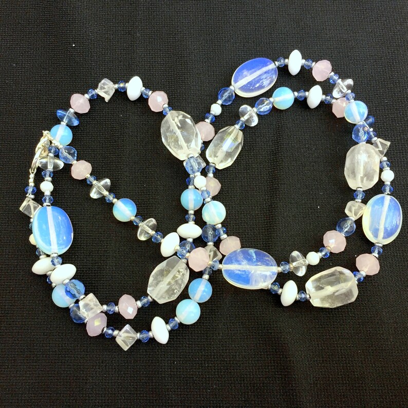 Sparkling unique bridal jewelry 33 long Pale blue opalite rock crystal necklace OOAK Something blue