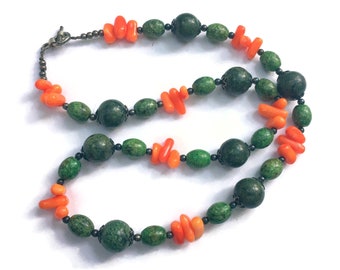 Unisex Hippie Necklace Green Serpentine Orange Coral 20 inches Long Casual OOAK Handmade Unique