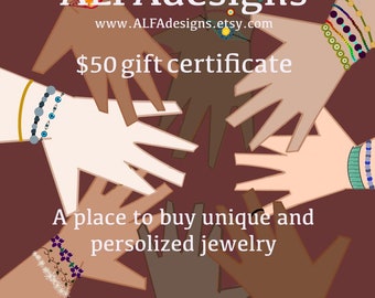 50 Dollars Certificate to ALFAdesigns Jewelry Shop, OOAK Handmade Unique Gifts