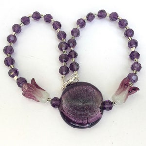 Purple Art Glass and Crystal Necklace 17 inches Art Nouveau Floral OOAK Handmade Unique image 5