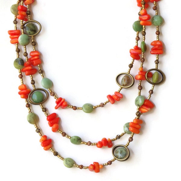 Reserved: Extra Long Handmade Wrap Necklace, Green Orange, Semiprecious Stone Jewelry, Hippie Necklace, Colorful Rustic Coral Jewelry
