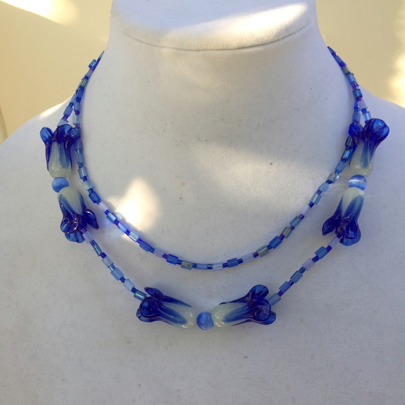 Royal Blue Art Glass Necklace Double Strand 17 inches Lampwork Flowers Art Nouveau OOAK Handmade Unique image 8