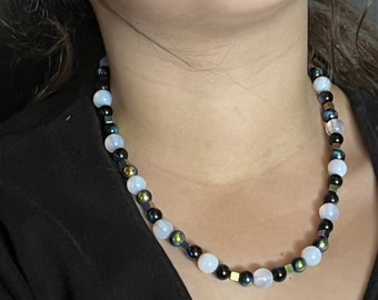 Iridescent Black and Blue Formal Jewelry Set Glass Opalite 18 inches Necklace Earrings OOAK Handmade Unique