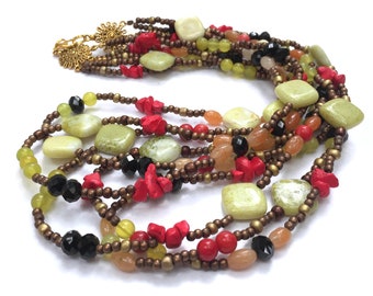 Multi Strand Mixed Gemstone Necklace 22 inches Long Multicolor Green Red Black OOAK Handmade Unique