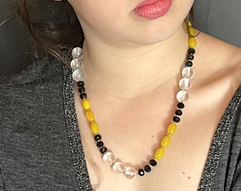 Crystal Glass Necklace Black and Yellow 19 inches Clavicle Length Color Block OOAK Handmade Unique