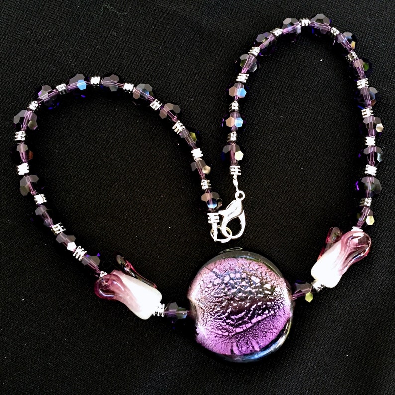 Purple Art Glass and Crystal Necklace 17 inches Art Nouveau Floral OOAK Handmade Unique image 4