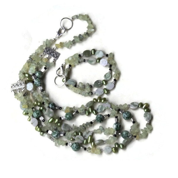 Luxuriöse lange Litze Anweisung Collier Armband-Set, Salbei Minze grün, Halbedel-natürlichen Stein Schmuck