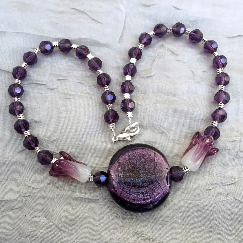 Purple Art Glass and Crystal Necklace 17 inches Art Nouveau Floral OOAK Handmade Unique image 1