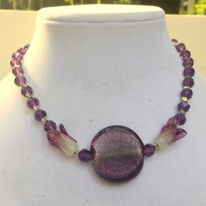Purple Art Glass and Crystal Necklace 17 inches Art Nouveau Floral OOAK Handmade Unique image 3