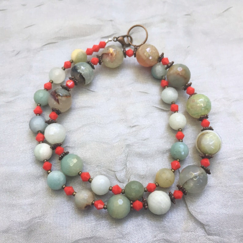 Graduated Bead Agate and Amazonite Necklace 19 inches Pastel Blue Grey Beige Red OOAK Handmade Unique