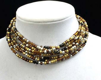 Extra Long Metallic Layered Necklace Bronze Silver Gold 116 inches Multi Strand Layered OOAK Handmade Unique