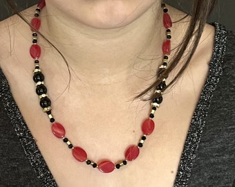 Red Cherry Quartz Black Onyx Necklace 19 inches Color Block Art Deco OOAK Handmade Unique