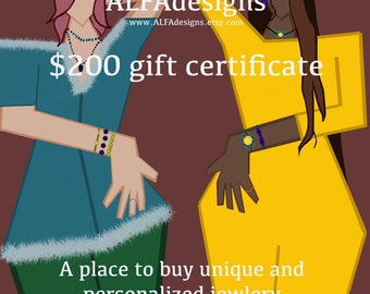 200 Dollars Certificate to ALFAdesigns Jewelry Shop, OOAK Handmade Unique Gifts