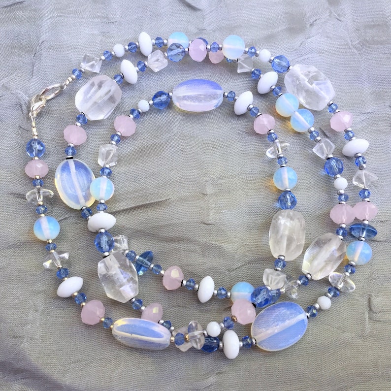 Sparkling unique bridal jewelry 33 long Pale blue opalite rock crystal necklace OOAK Something blue