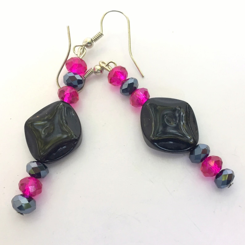 Fuchsia Pink Black Pendant Necklace Matching Long Earrings Dichroic Glass 18 inches OOAK Handmade Unique