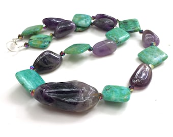 Chrysocolla Amethyst Necklace 20 inches Long Teal Purple Raw Natural Gemstone OOAK Handmade Unique