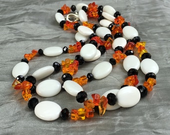 Orange White Black Onyx Crystal Necklace Extra Long 45 inches Double Wrap OOAK Handmade Unique