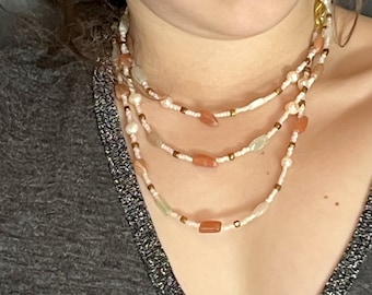 Extra Long Gemstone and Pearls Necklace 54 inches Multi Wrap Caramel Mint White Gold OOAK Handmade Unique