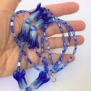 Royal Blue Art Glass Necklace Double Strand 17 inches Lampwork Flowers Art Nouveau OOAK Handmade Unique image 4