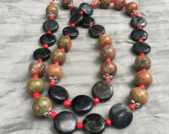 Natural Unakite Jasper Color Block Necklace 25 inches Long Multi Stone OOAK Handmade Unique